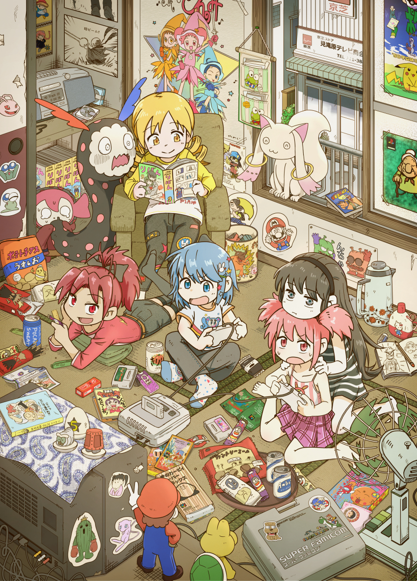 5girls absurdres airpot akemi_homura angel_blue annotation_request azuki-chan berrie_(mezzo_piano) blue_eyes blue_hair bomberman book calbee_(potato_chips) cassette_player casual character_request charlotte_(madoka_magica) chibi_maruko-chan commentary_request controller couch creatures_(company) digimon digimon_(creature) digimon_adventure dr._slump electric_fan figure food fujiwara_hazuki gakkyuu_ou_yamazaki game_cartridge game_console game_controller game_freak gamepad gen_1_pokemon greymon hair_ornament harukaze_doremi hasunoue_keroppi heisei hello_kitty hello_kitty_(character) highres holding holding_controller holding_game_controller holding_magazine indoors kaname_madoka kaze_no_klonoa kero_kero_keroppi king_nikochan king_nikochan&#039;s_servant kirby kirby_(series) klonoa koopa_troopa koromon kukuri_(mahoujin_guruguru) kyubey legendary_pokemon loaded_interior lying magazine_(object) mahou_shoujo_madoka_magica mahoujin_guruguru mario mario_(series) mew_(pokemon) mezzo_piano miki_sayaka minidisc multiple_girls mythical_pokemon nakamura-kun_(angel_blue) nike_(mahoujin_guruguru) nintendo noyama_azusa ojamajo_doremi okai_(pixiv6333) on_couch on_stomach open_magazine open_mouth otaku otaku_room partial_commentary pikachu playing_games pocky pokemon pokemon_(creature) poster_(object) product_placement reading red_hair sakura_kyoko sakura_momoko sanrio senoo_aiko sitting smile sonic_(series) sonic_adventure sonic_adventure_pose sonic_the_hedgehog star_(symbol) star_hair_ornament super_famicom super_famicom_cartridge super_famicom_gamepad super_mario-kun super_mario_world tatami television togemon tomoe_mami turtle watanabe_(gakkyuu_ou_yamazaki) white_bomberman yamazaki_(gakkyuu_ou_yamazaki) yoshi