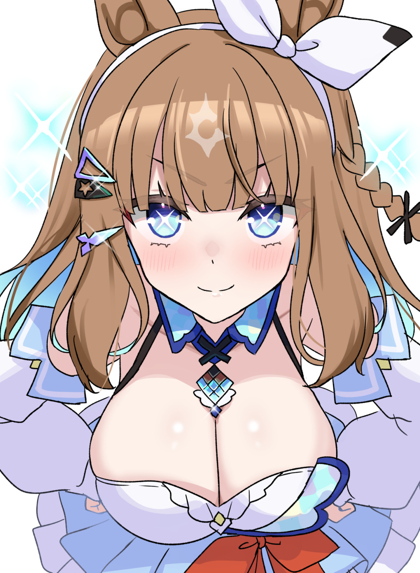 1girl almond_eye_(umamusume) animal_ears blue_eyes blush braided_sidelocks breasts brown_hair chest_jewel cleavage closed_mouth commentary_request cross-shaped_pupils dress hands_on_own_hips highres horse_ears horse_girl kibihimi large_breasts leaning_forward long_hair looking_at_viewer simple_background skindentation smile solo symbol-shaped_pupils umamusume v-shaped_eyebrows white_background white_dress x_x