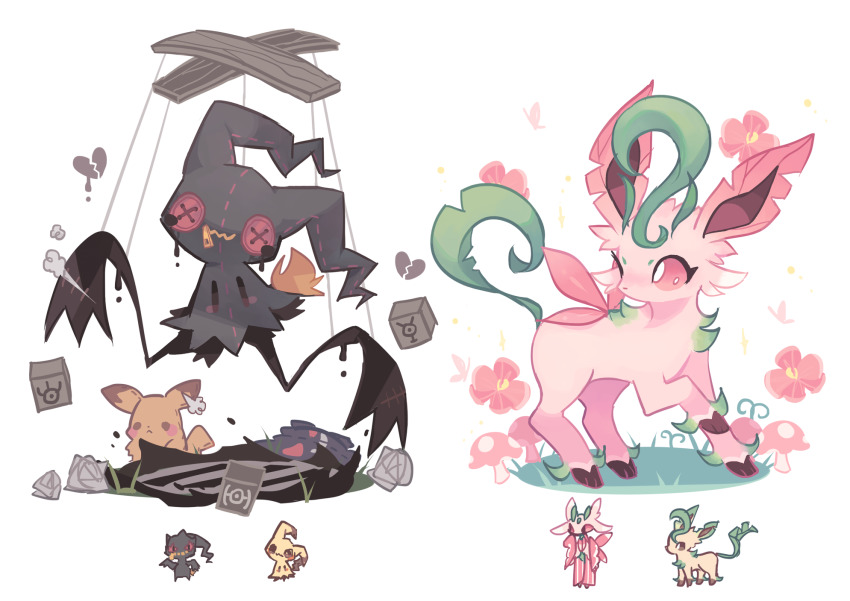 bad_id bad_tumblr_id banette charamells commentary creature english_commentary flower fusion gen_1_pokemon gen_2_pokemon gen_3_pokemon gen_4_pokemon gen_7_pokemon gengar grass highres leafeon lurantis marionette mimikyu multiple_fusions mushroom nintendo no_humans pikachu pink_eyes pokemon pokemon_(creature) puppet simple_background translated unown unown_h unown_w unown_y unownglyphics white_background