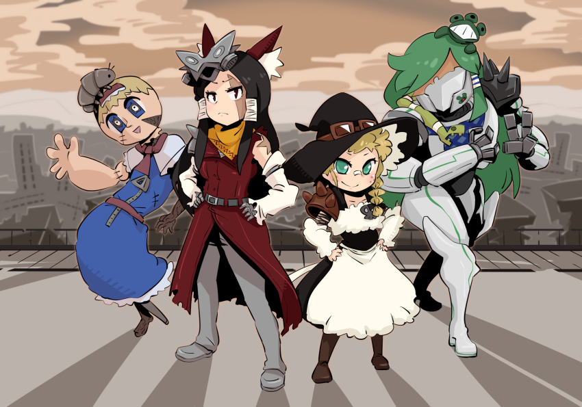 4girls alice_margatroid android apron armor bandaid bandaid_on_face bandaid_on_nose big_roach_(cookie) black_dress black_hair black_headwear blonde_hair blue_dress boots bow braid brown_footwear brown_sky bug closed_mouth coat cockroach commentary_request cookie_(touhou) creature_on_head detached_sleeves dress faceless faceless_female fallout full_body ghoul_(fallout) goggles goggles_on_headwear gram_9 green_eyes green_hair grey_pants hair_bow hakurei_reimu hat highres insect kirisame_marisa kochiya_sanae lemi_(cookie) long_hair looking_at_viewer mask mask_on_head multiple_girls neckerchief open_mouth outdoors pants pauldrons post-apocalypse red_bow red_coat red_eyes red_neckerchief red_sash robot ruins sash scarf shoes short_hair shoulder_armor side_braid single_braid sleeveless sleeveless_coat smile socha_(cookie) spiked_pauldrons standing touhou waist_apron white_apron white_sleeves witch_hat yellow_scarf yuki_haruka zakuro_ishi zipper