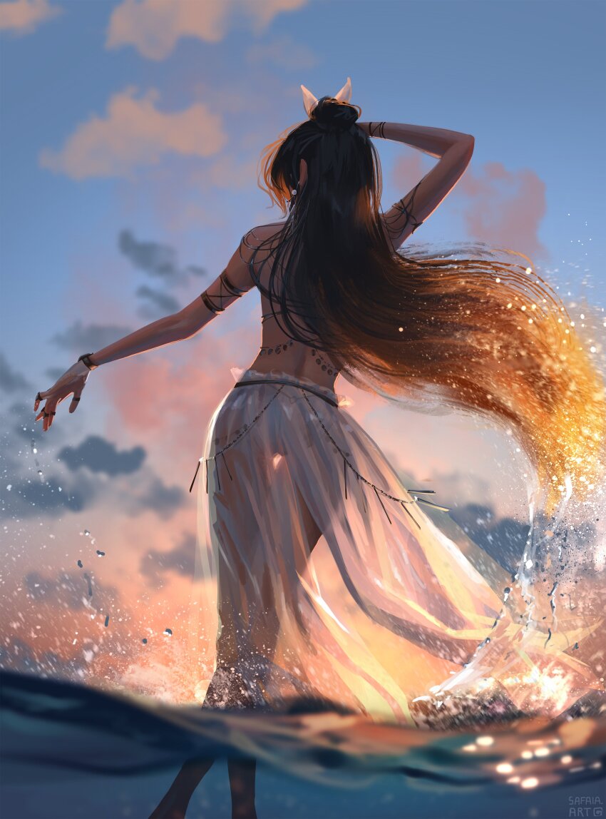 1girl absurdres ass back belly_chain bikini bikini_skirt black_hair final_fantasy final_fantasy_vii final_fantasy_vii_ever_crisis highres jewelry long_skirt official_alternate_costume official_alternate_hairstyle partially_underwater_shot safaia see-through_clothes see-through_skirt skirt solo sunset swimsuit thigh_gap tifa_lockhart tifa_lockhart_(passion_mermaid) water wet