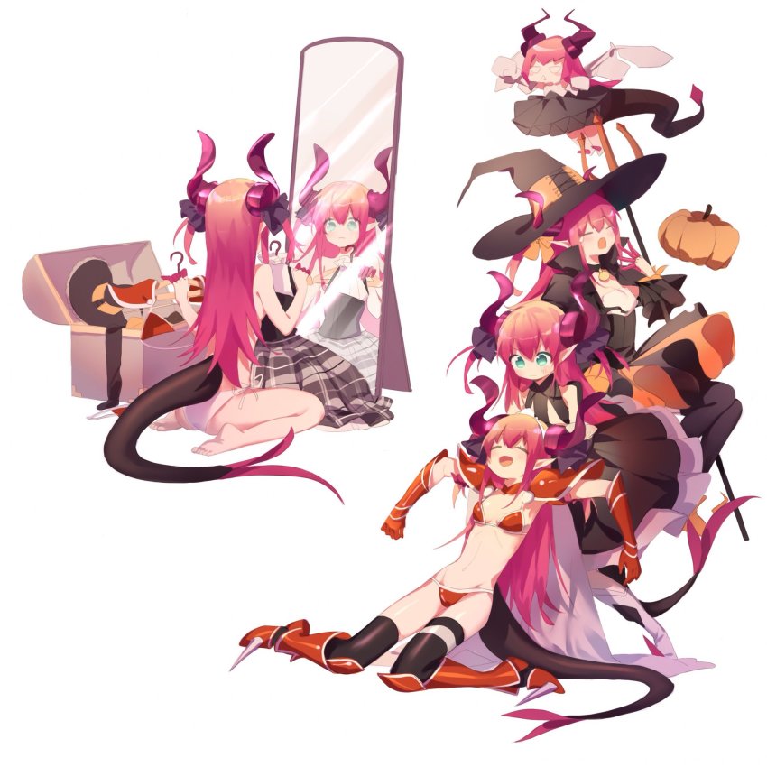 4girls armor bikini_armor blue_eyes breasts cape clone curled_horns detached_sleeves dragon_girl dragon_horns dragon_tail dress e_(h798602056) elizabeth_bathory_(brave)_(fate) elizabeth_bathory_(fate) elizabeth_bathory_(fate/extra) elizabeth_bathory_(first_ascension)_(fate) elizabeth_bathory_(halloween_caster)_(fate) elizabeth_bathory_(second_ascension)_(fate) fate/grand_order fate_(series) halloween halloween_costume hat highres horns idol long_hair multiple_girls multiple_persona pauldrons pink_hair pointy_ears ribbon shoulder_armor silver_trim small_breasts smile striped_clothes striped_dress tail thighhighs topless_female two_side_up underwear underwear_only vertical_stripes white_cape witch_hat