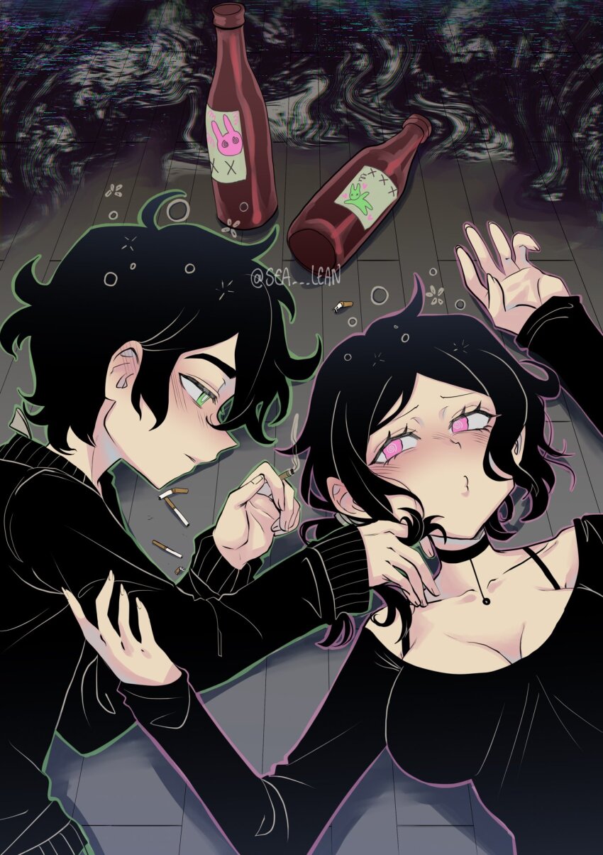 1boy 1girl alcohol andrew_graves ashley_graves black_choker black_sweater blush bottle breasts brother_and_sister choker cigarette cigarette_butt cleavage commentary english_commentary green_eyes hair_between_eyes highres holding holding_cigarette large_breasts long_sleeves lying o3o on_back on_floor on_side parted_lips pink_eyes sea_lean siblings sleeves_past_wrists smoke smoking sweater the_coffin_of_andy_and_leyley twitter_username