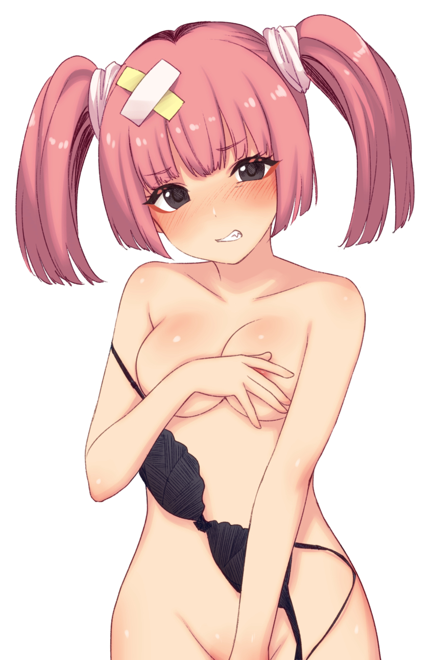 1girl angry black_bra black_eyes bra bra_pull breasts clenched_teeth clothes_pull commentary_request coral_(pokemon) covering_breasts covering_privates highres looking_at_viewer medium_breasts nintendo nude pink_hair pokemon pokemon_(anime) pokemon_horizons shirokuma-kun simple_background solo teeth twintails underwear white_background
