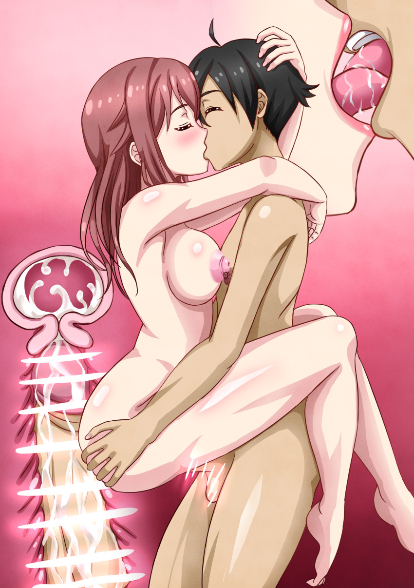 1boy 1girl absurdres blush breasts brown_hair closed_eyes cross-section crossover cum cum_in_pussy ejaculation french_kiss from_side hetero highres hug internal_cumshot itou_makoto_(school_days) kiss large_breasts long_hair masnak30 nipples nude sakura_trick saliva school_days sex takayama_haruka vaginal