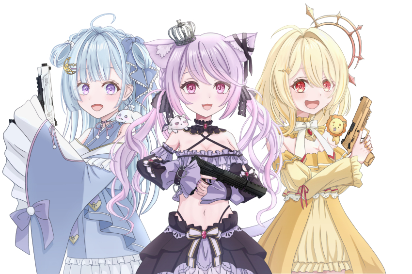 3girls :3 :d ahoge amaui animal animal_ears animal_on_shoulder black_bow black_collar black_ribbon black_skirt black_sleeves black_tube_top blonde_hair blue_bow blue_hair blue_kimono blunt_bangs blush bow bow_skirt bowtie braid breasts cat_ears cleavage closed_mouth collar commentary_request cowboy_shot crescent crescent_hair_ornament criss-cross_halter crown crown_braid detached_collar detached_sleeves dress ear_ribbon fang frilled_collar frilled_dress frilled_kimono frilled_sleeves frilled_tube_top frills gun h&amp;k_hk45 hair_between_eyes hair_bow hair_intakes hair_ornament halo halterneck handgun highres hinata_mashu holding holding_gun holding_weapon ina_uruu japanese_clothes kimono large_breasts long_hair long_sleeves looking_at_viewer low_twintails medium_breasts midriff mini_crown multiple_girls nanashi_inc. natsuki_aya navel neck_ribbon off-shoulder_dress off_shoulder open_mouth orange_eyes pink_eyes pink_hair pink_ribbon purple_eyes rabbit red_ribbon ribbon short_hair side_braid simple_background skirt sleeve_ribbon smile smith_&amp;_wesson_m&amp;p45 strapless suppressor tube_top twintails two-tone_bow virtual_youtuber weapon white_background white_bow white_bowtie wide_sleeves yellow_collar yellow_dress