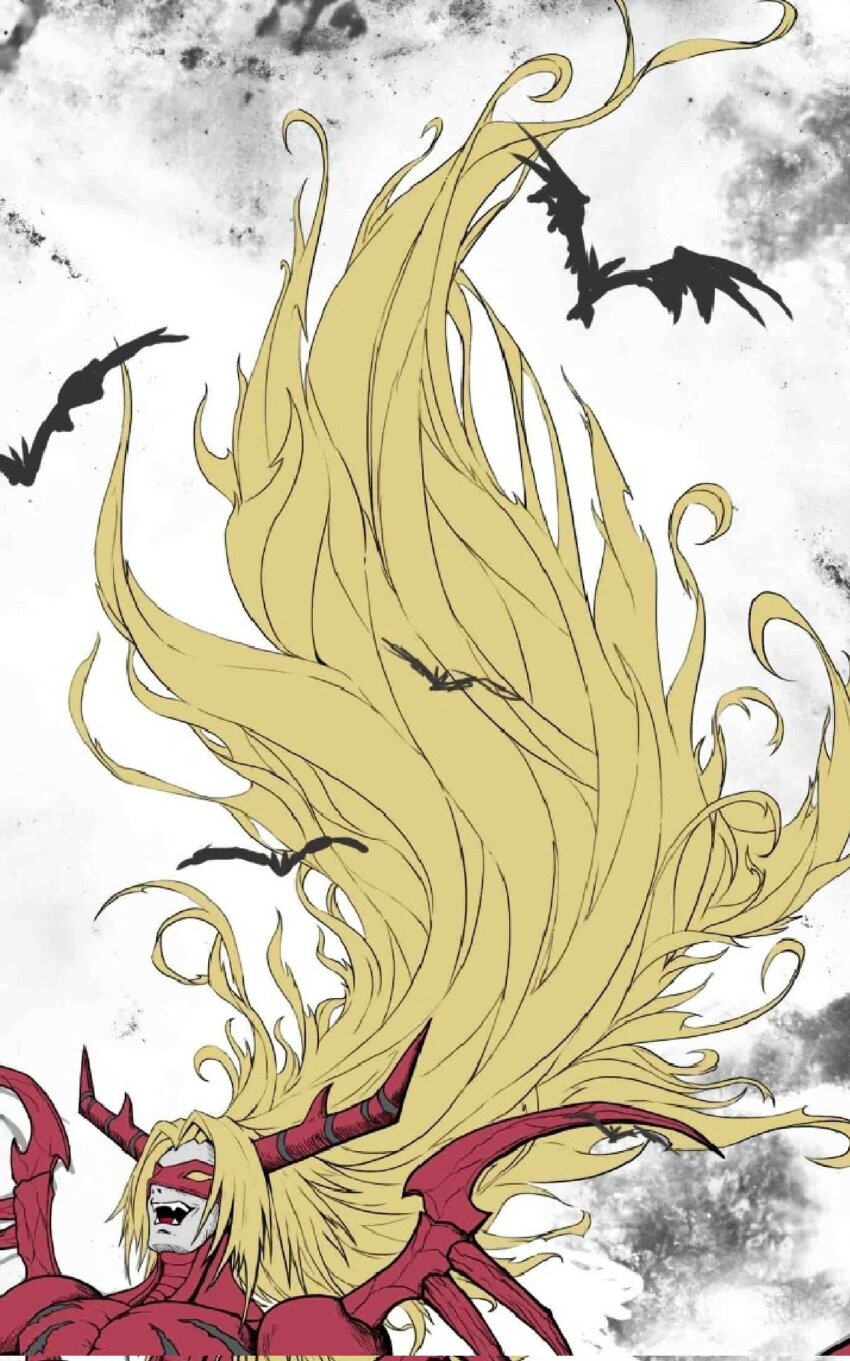 1boy blonde_hair digimon digimon_(creature) highres horns long_hair male_focus mask muscular muscular_male sharp_teeth solo teeth venomvamdemon