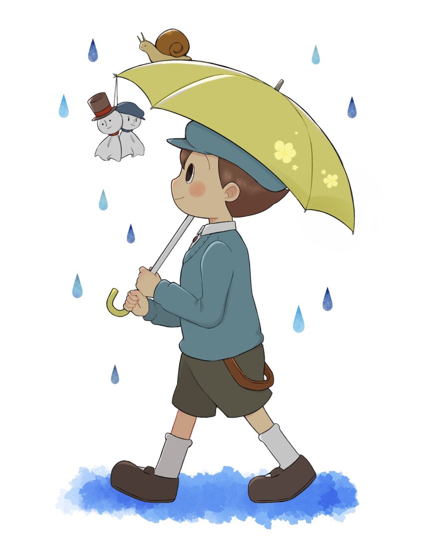 1boy black_eyes blue_hat blue_sweater blush brown_hair brown_shoes newsboy_cap closed_mouth collared_shirt commentary_request from_side full_body green_shorts hat hershel_layton highres holding holding_umbrella kiwami_(kiwamimuneko) long_sleeves luke_triton male_focus professor_layton profile rain shirt shoes short_hair shorts smile snail socks solo suspenders suspenders_hanging sweater teruterubouzu umbrella walking water_drop white_background white_shirt white_socks yellow_umbrella