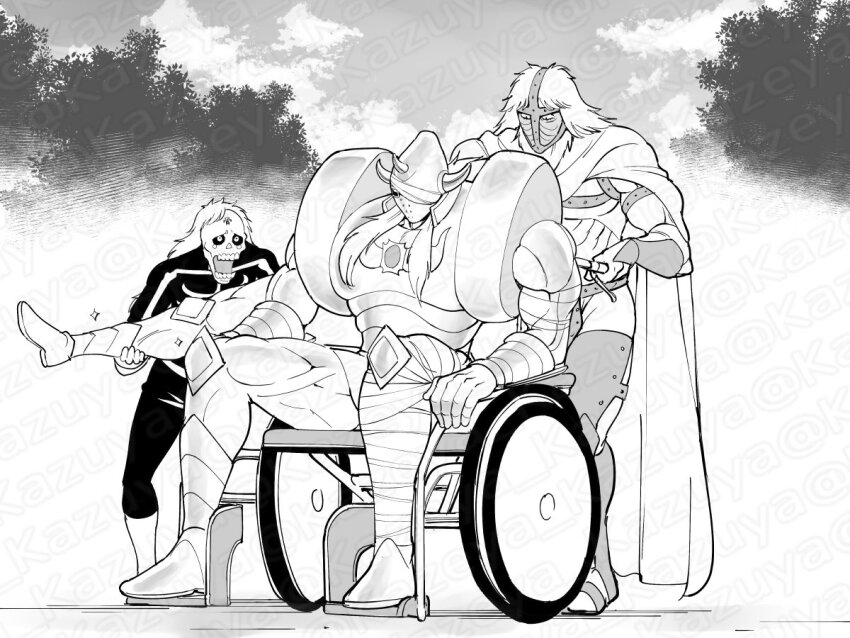 3boys akuma_shogun bandages horns kazeya_kazuya kinnikuman monochrome multiple_boys sitting sky twitter wheelchair
