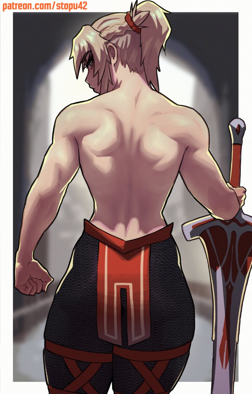 1girl absurdres alternate_costume armor back back_focus back_muscles bare_back blonde_hair braid chainmail clarent_(fate) deltoids fate/apocrypha fate/grand_order fate_(series) from_behind green_eyes hair_ornament hair_scrunchie half_up_braid highres looking_at_viewer looking_back mordred_(fate) muscular muscular_female patreon_username ponytail red_scrunchie scrunchie shoulder_blades stopu thick_thighs thighs topless_female triceps