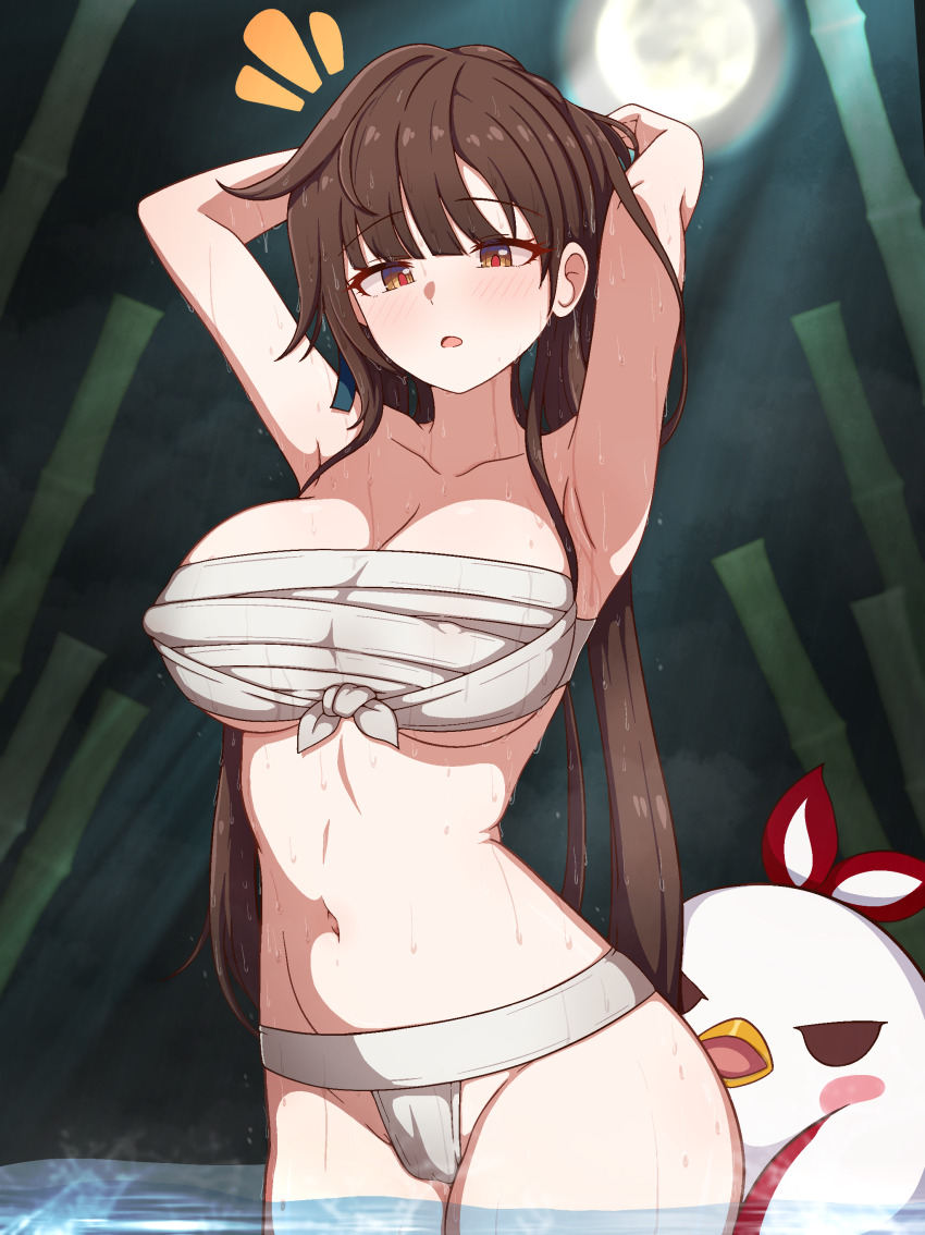 1girl ^^^ absurdres armpits arms_up bamboo bamboo_forest bathing blush breasts brown_eyes brown_hair chest_sarashi collarbone commentary_request forest full_moon fundoshi highres honkai_(series) honkai_impact_3rd japanese_clothes jingwei_(bird) large_breasts li_sushang long_hair looking_at_viewer milliani moon nature navel night night_sky outdoors parted_lips sarashi sky solo stomach thighs wet