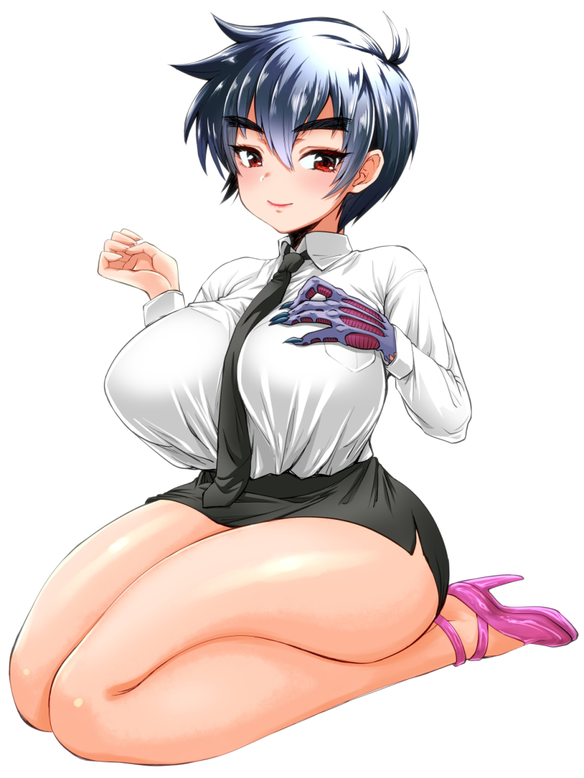 black_hair black_necktie black_skirt breasts genderswap genderswap_(mtf) high_heels highres jigoku_sensei_nube large_breasts necktie nueno_meisuke pink_footwear qzo_(akai_kitsune) red_eyes shirt skirt white_shirt