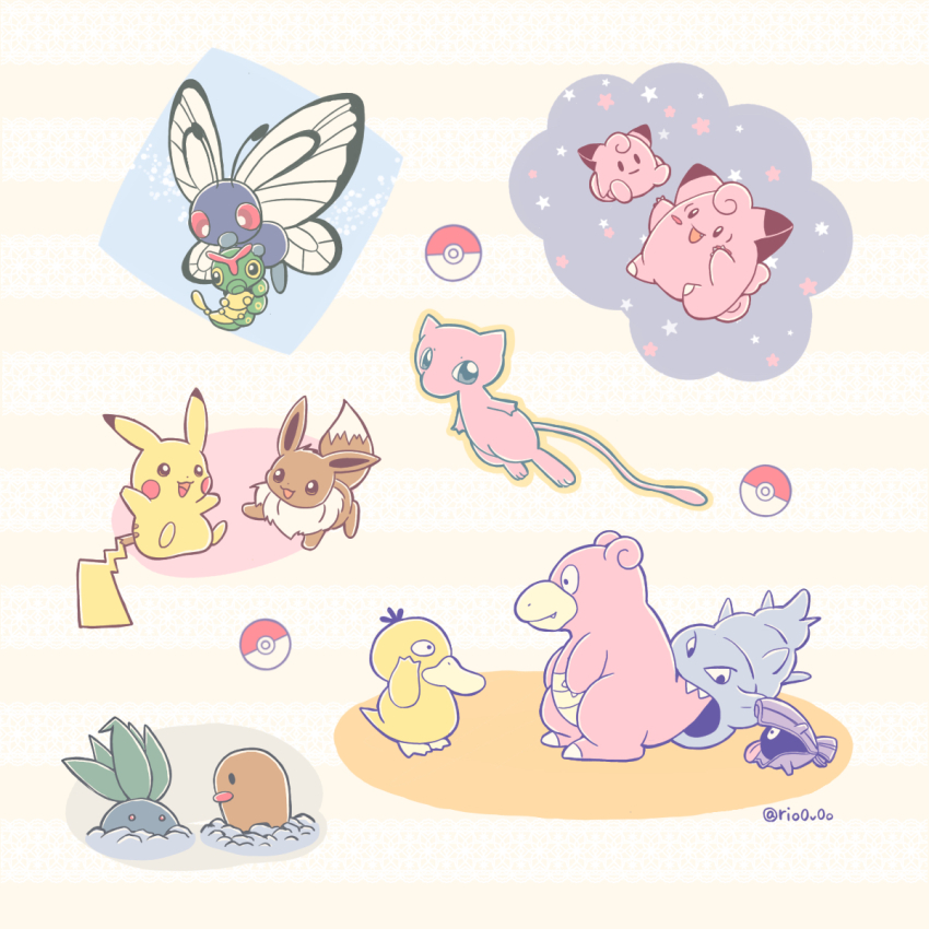 butterfree caterpie clefairy diglett eevee game_freak gen_1_pokemon highres nintendo no_humans oddish outline pikachu poke_ball_symbol pokemon pokemon_(creature) psyduck red_eyes rio_(rio0v0o) shellder slowbro star_(symbol) stuffed_animal stuffed_toy twitter_username yellow_outline