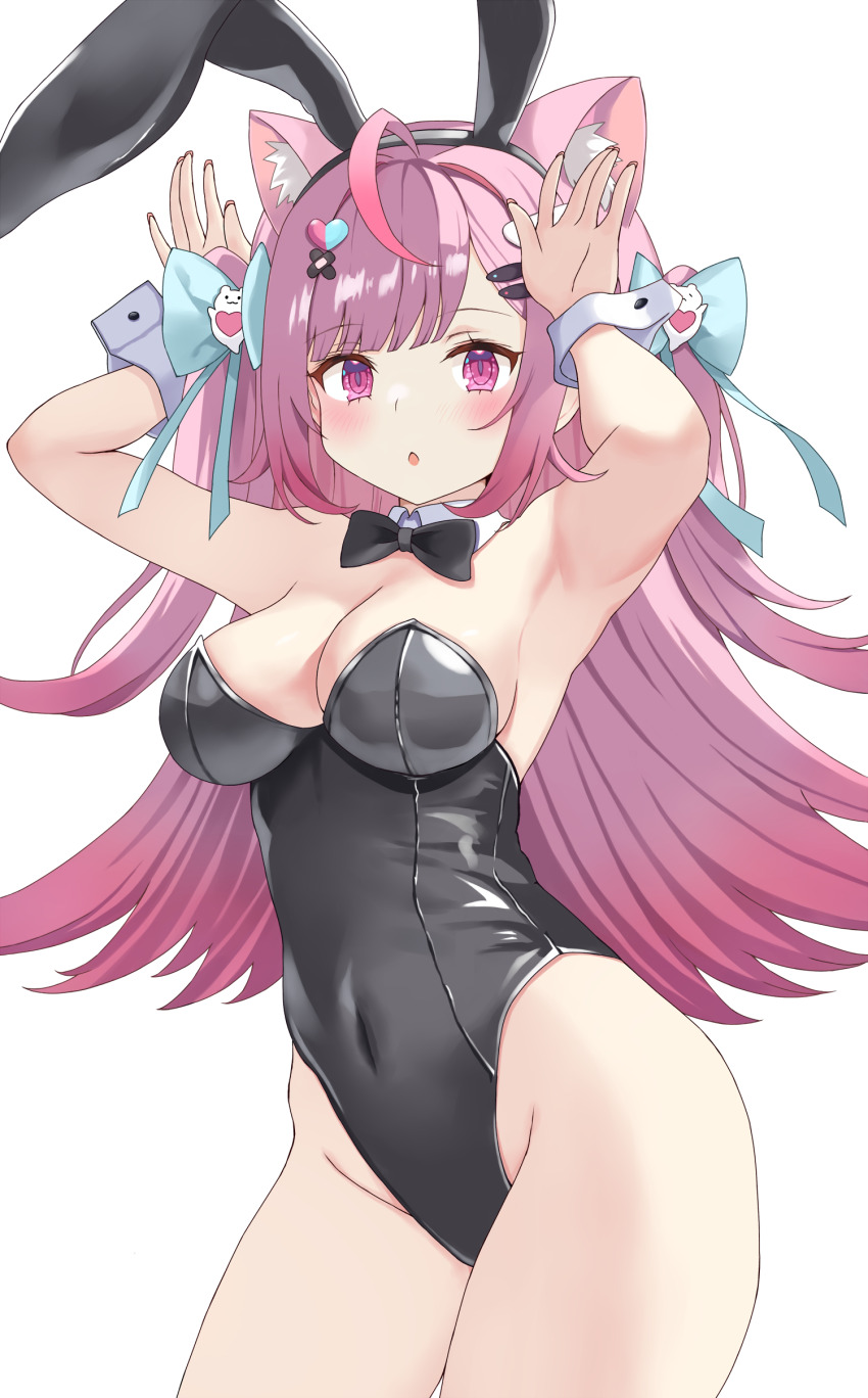 1girl :o absurdres ahoge animal_ear_hairband animal_ears armpits bandaid bandaid_hair_ornament bare_shoulders black_bow black_bowtie black_hair black_leotard blue_bow blush bow bowtie breasts cat_ears cat_girl collar commentary covered_navel crossed_bandaids detached_collar extra_ears fake_animal_ears fingernails fish_hair_ornament ghost_hair_ornament groin hair_bow hair_ornament hairband hairclip heart heart_hair_ornament highres indie_virtual_youtuber large_breasts leotard long_hair looking_at_viewer nail_polish open_mouth pink_eyes pink_hair pink_nails playboy_bunny rabbit_ear_hairband rabbit_ears rabbit_pose simple_background solo strapless strapless_leotard thighs two_side_up virtual_youtuber white_background white_collar white_wrist_cuffs wrist_cuffs y-ha yuuki_sakuna