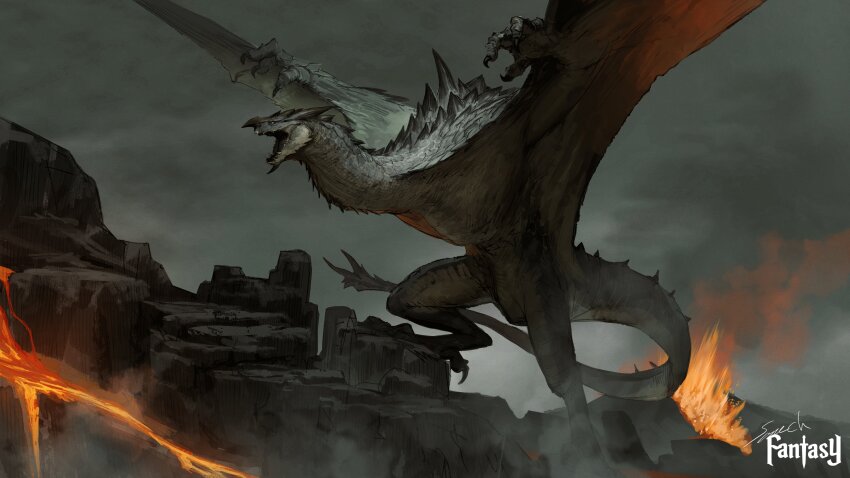 absurdres dragon fire from_side grey_sky highres lava monster no_humans open_mouth original outdoors rock signature sky solo sonech western_dragon wings wyvern