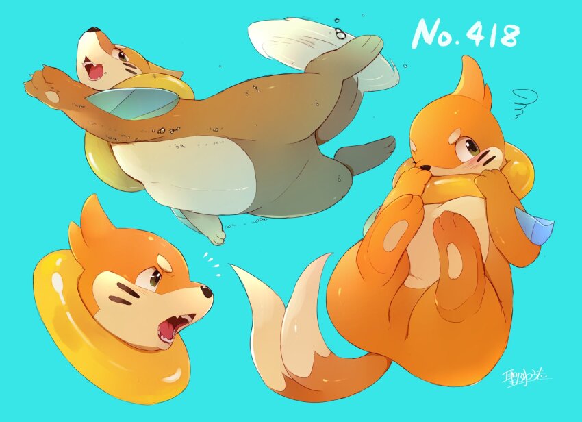 air_bubble animal_focus blue_background blush bubble buizel claws gen_4_pokemon green_eyes highres hijirino_yuuta multiple_tails multiple_views nintendo no_humans open_mouth pawpads pokedex_number pokemon pokemon_(creature) signature simple_background squiggle swimming tail two_tails