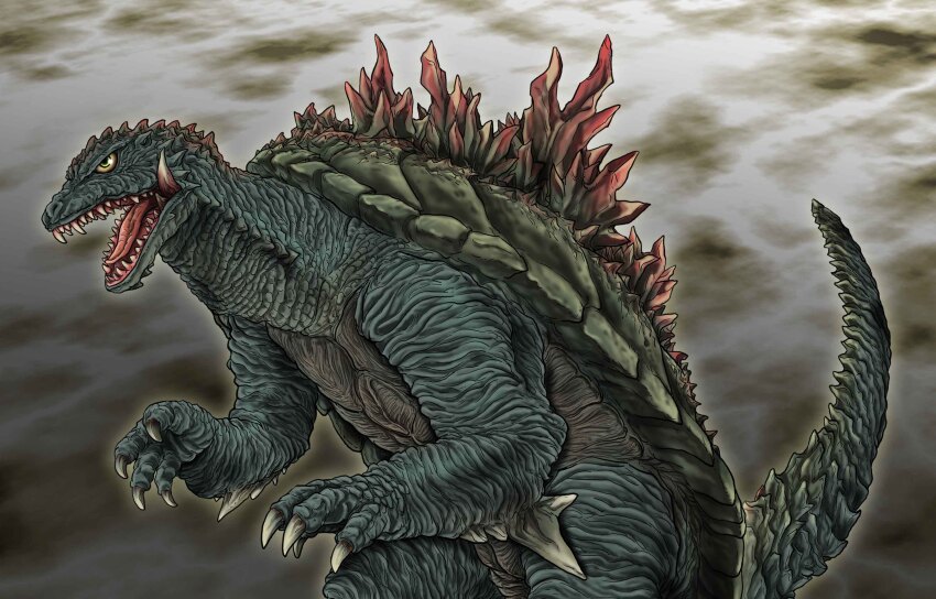 absurdres claws crossover daiei_film dinosaur elbow_blade elbow_spikes fusion gamera gamera_(series) gamera_2:_attack_of_legion giant giant_monster godzilla godzilla_(series) godzilla_vs._megaguirus green_eyes grey_background highres kaiju monster no_humans open_mouth satoru33 sea_monster sharp_teeth simple_background spikes tail teeth toho tongue turtle turtle_shell tusks