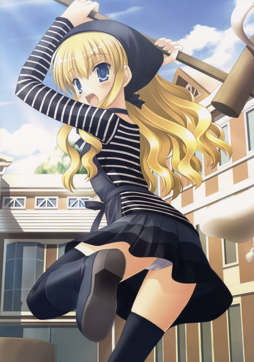 1girl absurdres asuka_pyon black_thighhighs blonde_hair blue_eyes cruel_(sin) female_focus food hammer highres kine long_hair mallet mochi mochitsuki non-web_source panties pantyshot sin_kurotokiiro_no_shoujo solo striped thighhighs underwear wagashi