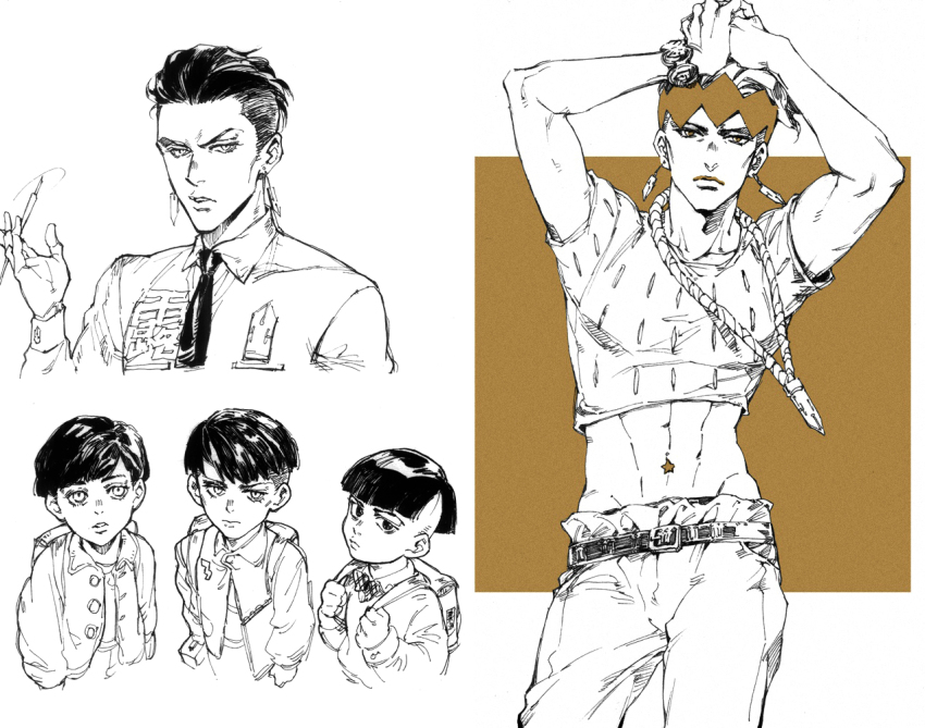 4boys abs aged_down backpack bag belt bracelet brown_eyes child diamond_wa_kudakenai earrings giorno_giovanna headband higashikata_joshu jacket jewelry jojo_no_kimyou_na_bouken jojolion kishibe_rohan male_focus midriff monochrome multiple_boys navel_piercing necklace necktie pen piercing seyo spot_color star_(symbol) vento_aureo