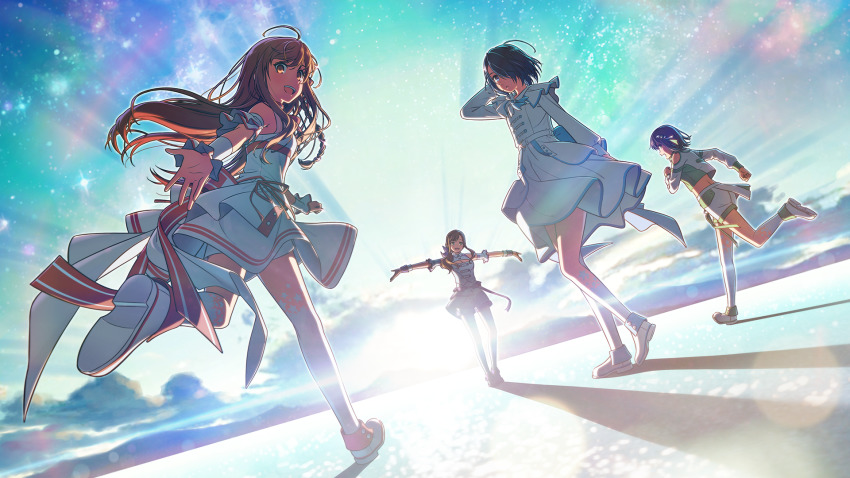 4girls ahoge arm_cuffs black_hair blue_eyes blurry brown_hair cloud depth_of_field dress dutch_angle enogu hair_over_one_eye highres hinata_nao_(iwamotochou_geinousha) horizon iwamotochou_geinousha light_rays long_hair long_sleeves looking_at_viewer looking_back midriff multiple_girls natsume_hinako outstretched_arms pants shirafuji_tamaki shiwasu_takashi short_hair skirt sleeveless sleeveless_dress sunbeam sunlight suzuki_anzu virtual_youtuber white_dress white_footwear white_legwear white_pants white_skirt wrist_cuffs