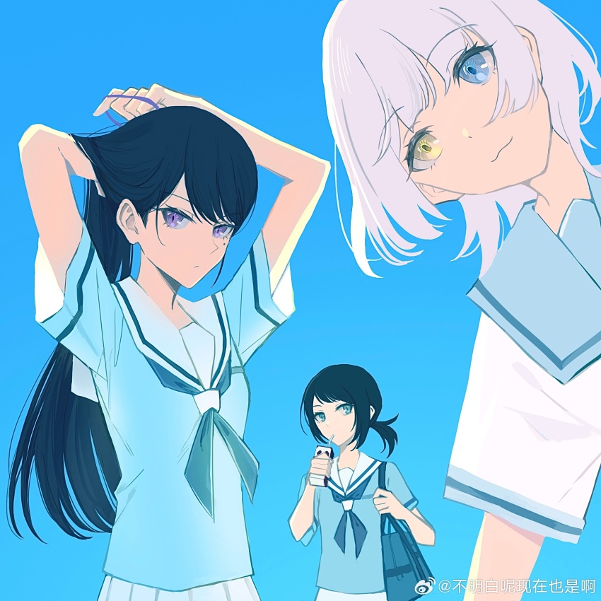 :3 bag bang_dream! bang_dream!_it&#039;s_mygo!!!!! black_hair blue_background blue_bag blue_eyes blue_shirt carton chinese_commentary commentary_request drinking_straw drinking_straw_in_mouth hair_tie hanasakigawa_school_uniform heterochromia highres holding holding_hair_tie kaname_raana mole mole_under_eye pleated_skirt purple_eyes ringo_orihara sailor_collar school_uniform serafuku shiina_taki shirt short_hair shoulder_bag simple_background skirt tying_hair watermark weibo_watermark white_hair white_sailor_collar white_shirt white_skirt yahata_umiri yellow_eyes