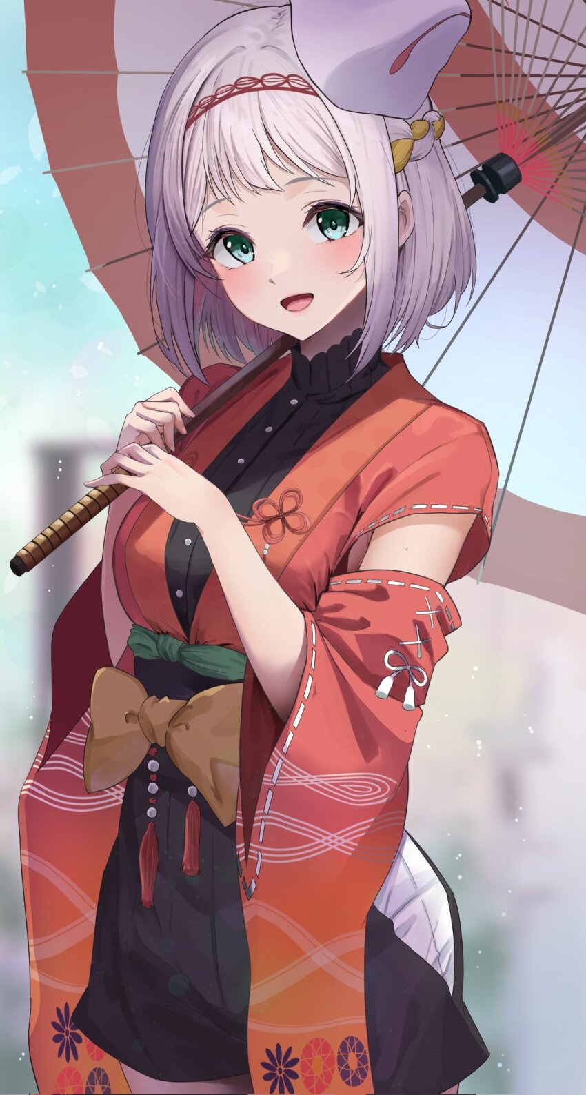 1girl black_dress blue_eyes blurry blurry_background blush bow braid brown_bow cowboy_shot detached_sleeves dot_nose dress dress_bow fox_mask gakuen_idolmaster green_bow grey_hair hair_ribbon hairband half_up_braid highres holding holding_umbrella idolmaster japanese_clothes kamurogiku_(idolmaster) katsuragi_lilja kimono looking_at_viewer mask mask_on_head oil-paper_umbrella open_mouth red_hairband red_kimono red_sleeves ribbon ribbon-trimmed_sleeves ribbon_braid ribbon_trim sezok short_hair short_sleeves smile solo standing umbrella white_bow wide_sleeves yellow_ribbon