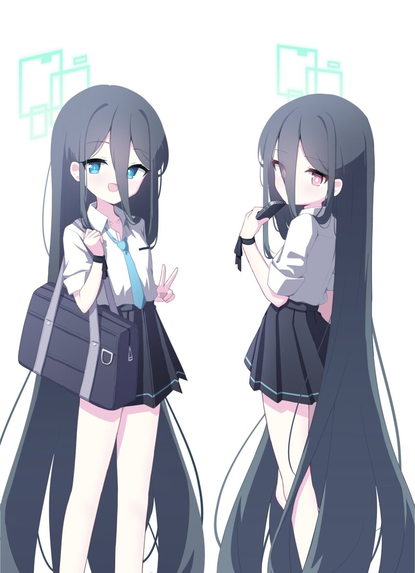 kei_(blue_archive) 2girls 525_woiwo absurdly_long_hair absurdres aris_(blue_archive) bag black_hair black_skirt blue_archive blue_eyes blue_necktie cellphone closed_mouth collared_shirt green_halo halo highres holding holding_phone long_hair looking_at_viewer multiple_girls necktie open_mouth phone pleated_skirt red_eyes ringed_eyes school_bag shirt short_sleeves simple_background skirt smartphone smile v very_long_hair white_background white_shirt