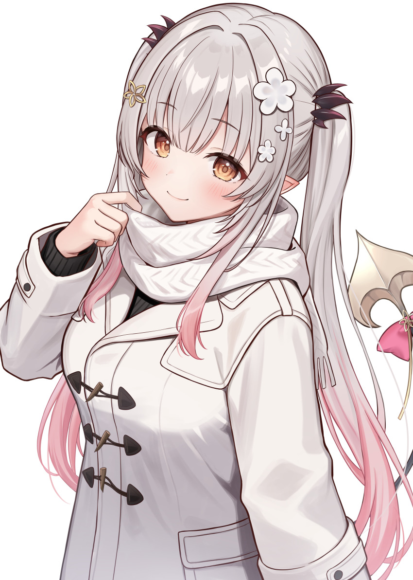 1girl absurdres adjusting_scarf alternate_costume bow closed_mouth coat daysss demon_girl demon_tail duffel_coat gradient_hair grey_hair hair_ornament highres indie_virtual_youtuber long_hair long_sleeves looking_at_viewer multicolored_hair orange_eyes pink_bow pink_hair pointy_ears scarf simple_background smile solo suou_patra tail tail_bow tail_ornament twintails upper_body virtual_youtuber white_background white_coat white_scarf