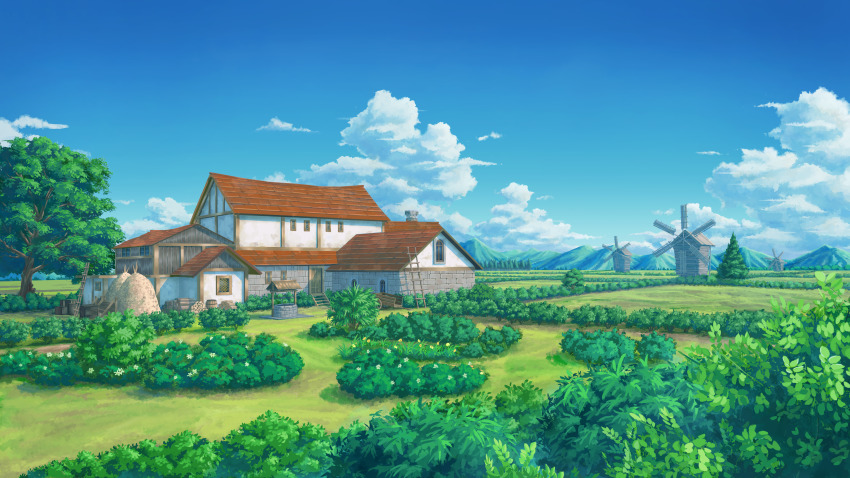 absurdres blue_sky building bush cloud commentary day english_commentary flower highres house ladder mixed-language_commentary mountain no_humans original outdoors planetariangaolin scenery sky tree well windmill wooden_box
