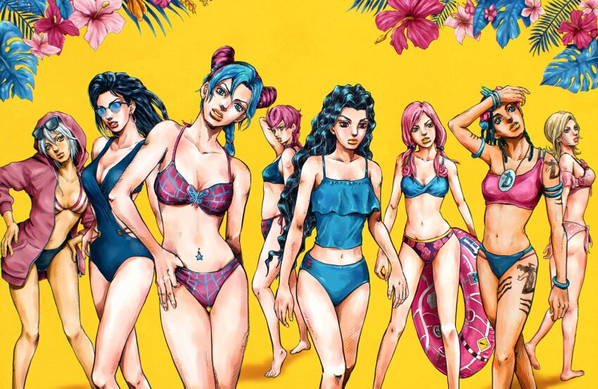 6+girls alternate_costume araki_hirohiko_(style) battle_tendency bikini black_hair blonde_hair blue-tinted_eyewear blue_bikini blue_eyes blue_hair bracelet braid breasts brown_eyes butterfly_ornament cleavage commentary cone_hair_bun diamond_wa_kudakenai double_bun dragona_joestar dreadlocks english_commentary eyewear_on_head floral_print flower grey_hair hair_bobbles hair_bun hair_ornament hibiscus highres hirose_yasuho hood hood_up hoodie in-franchise_crossover innertube jewelry jojo_no_kimyou_na_bouken jojolion kaib0y kuujou_jolyne leg_tattoo lisa_lisa long_hair lucy_steel mariah_(jojo) medium_breasts midriff multiple_girls navel navel_piercing one-piece_swimsuit piercing pink_bikini pink_hair pink_hoodie plaid_bikini plaid_clothes short_hair side-tie_bikini_bottom spider_web_print stardust_crusaders steel_ball_run stone_ocean sunglasses swim_ring swimsuit tattoo the_jojolands tinted_eyewear trish_una vento_aureo yamagishi_yukako yellow_background yellow_eyes yellow_lips