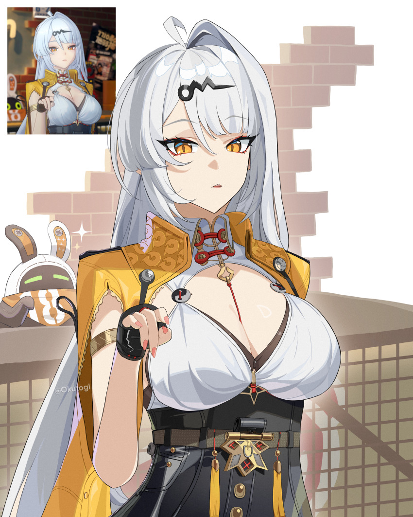 1girl absurdres armlet bangboo_(zenless_zone_zero) black_gloves breasts cleavage eous_(zenless_zone_zero) gloves hair_ornament hairclip highres jewelry large_breasts long_hair looking_at_viewer multiple_views nail_polish okutogi orange_eyes parted_lips pink_nails upper_body very_long_hair white_hair yi_xuan_(zenless_zone_zero) zenless_zone_zero