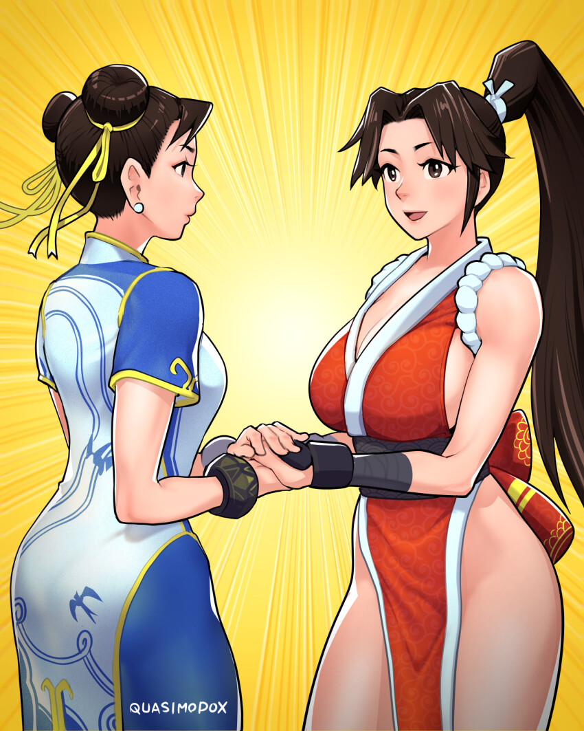2girls ass bad_tag blue_pants breasts brown_eyes capcom chinese_clothes chun-li cleavage crossover fatal_fury friends hair_ribbon high_ponytail highres japanese_clothes large_breasts multiple_girls pants pelvic_curtain ponytail quasimodox revealing_clothes ribbon shiranui_mai sleeveless street_fighter street_fighter_6 thighs tight_clothes tight_pants yellow_ribbon