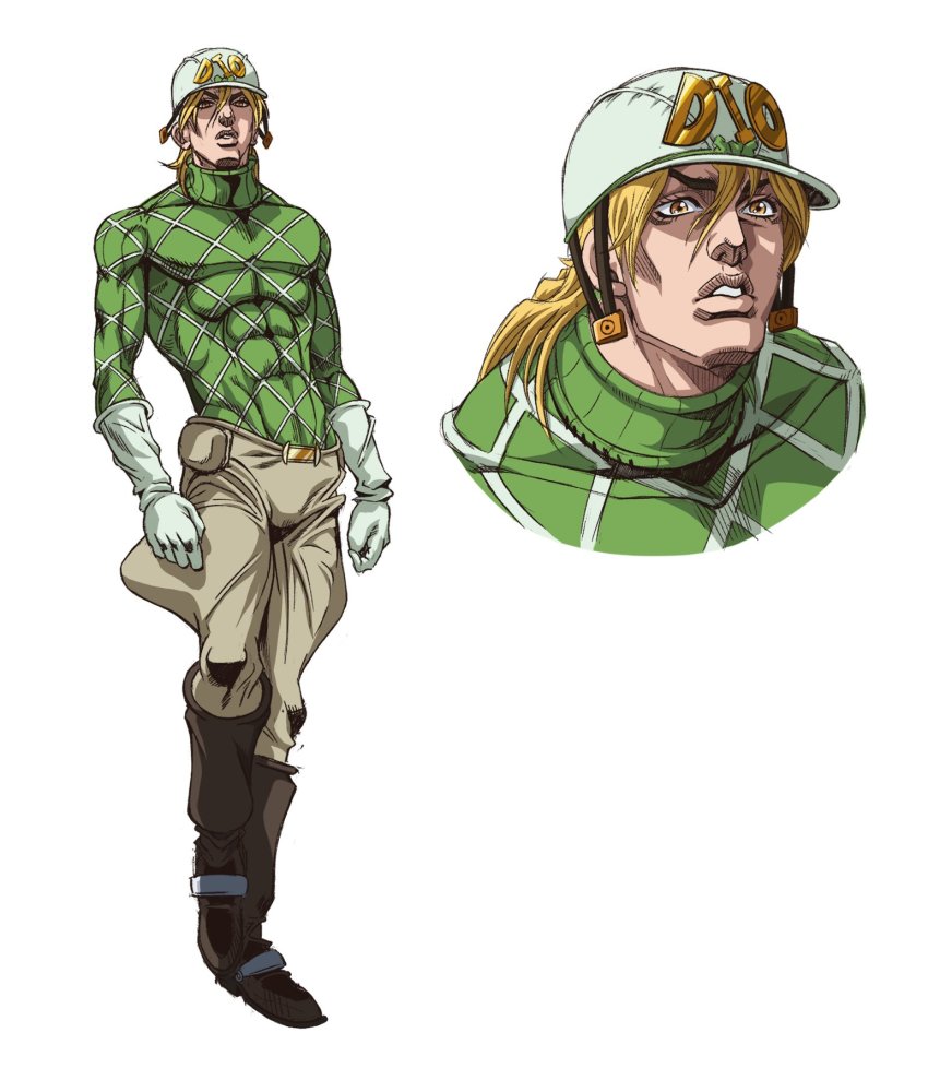 1boy argyle_clothes argyle_sweater blonde_hair boots brown_footwear covered_abs diego_brando gloves grandguerrilla green_shirt grey_pants hair_between_eyes hat highres jojo_no_kimyou_na_bouken long_hair long_sleeves looking_at_viewer male_focus multiple_views pants parted_lips shirt steel_ball_run sweater white_background white_gloves white_hat yellow_eyes
