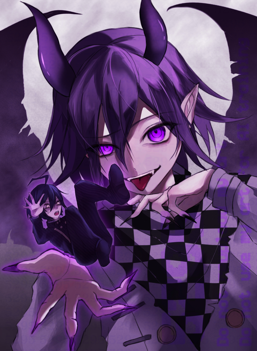 2boys ahoge black_hair buttons checkered_clothes checkered_scarf commentary_request danganronpa_(series) danganronpa_v3:_killing_harmony demon_boy demon_horns demon_wings fangs fingernails flipped_hair gradient_background grey_background hair_between_eyes half-closed_eye highres horns jacket ko_puki_yukko long_fingernails long_sleeves looking_at_viewer male_focus multiple_boys oma_kokichi open_mouth pants pointy_ears purple_eyes ringed_eyes saihara_shuichi scarf short_hair sidelighting simple_background size_difference smile teeth tongue tongue_out two-tone_scarf wings yellow_eyes