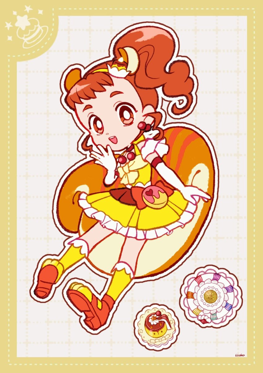 1girl animal_ears arisugawa_himari bare_shoulders bright_pupils brown_eyes brown_hair cherry_earrings choker compact_(cosmetics) cosmetics cure_custard deformed detached_sleeves dotted_line dress earrings elbow_gloves extra_ears food food-themed_earrings food-themed_hair_ornament food_themed_earrings forehead frilled_dress frilled_socks frills full_body gloves grid_background hair_ornament hairband hand_on_own_cheek hand_on_own_face high_heels high_side_ponytail highres jewelry kirakira_precure_a_la_mode kneehighs magical_girl open-toe_shoes open_mouth orange_shoes outline paw_socks pleated_dress pleated_sleeves precure pudding pumps red_choker shoes short_dress short_hair signature sleeveless sleeveless_dress smile socks solo squirrel_ears squirrel_girl squirrel_tail tail tareme teeth thick_eyebrows upper_teeth_only uwded_207 white_background white_gloves white_outline white_pupils white_sleeves yellow_dress yellow_hairband yellow_outline yellow_socks