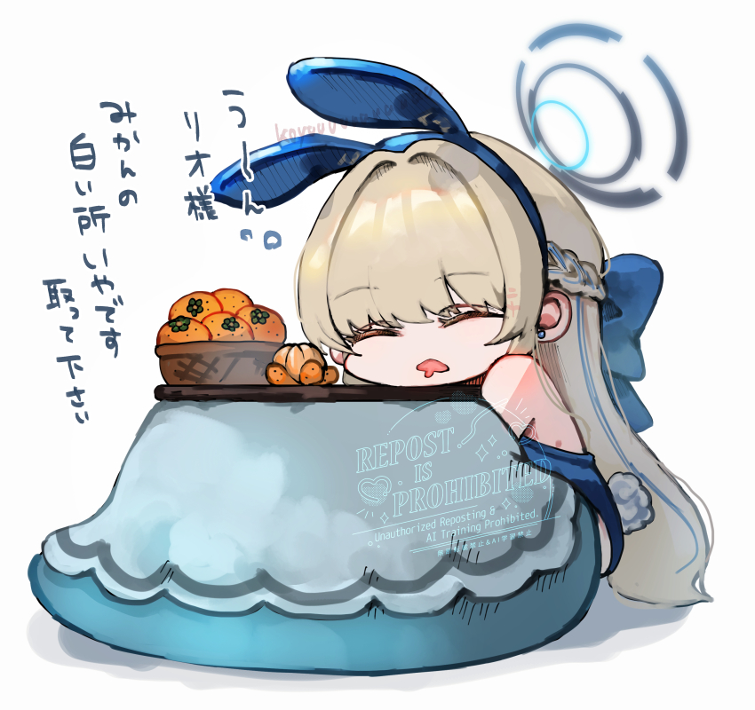 1girl absurdres animal_ear_hairband animal_ears bare_shoulders blonde_hair blue_archive blue_bow blue_hairband blue_leotard bow chibi closed_eyes fake_animal_ears food fruit hair_between_eyes hair_bow hairband head_on_table highres kotatsu koyuuuuuuuuuuu leotard long_hair open_mouth orange_(fruit) rabbit_ear_hairband rabbit_ears rabbit_tail sidelocks sleeping table tail toki_(blue_archive) toki_(bunny)_(blue_archive) under_kotatsu under_table