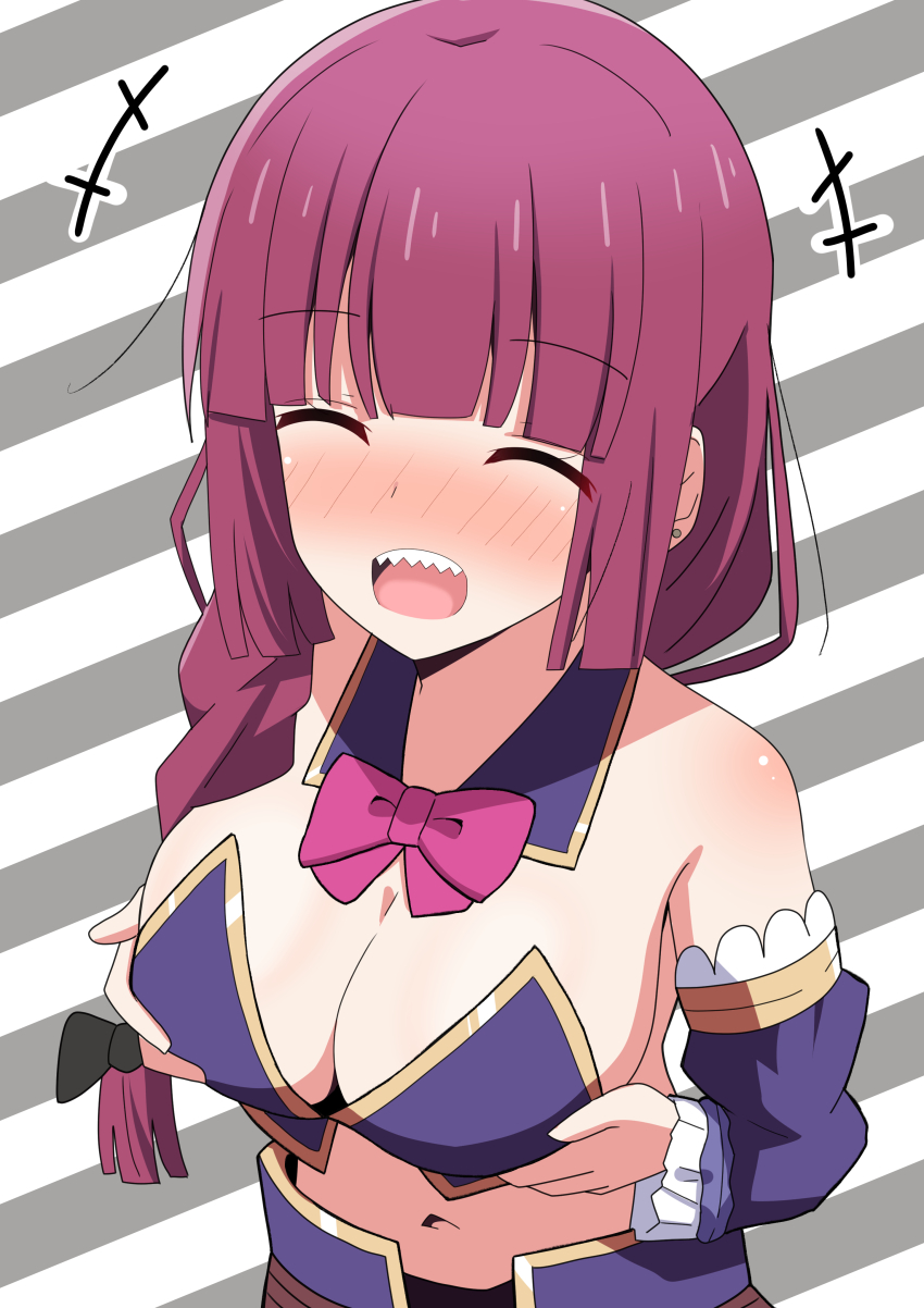1girl absurdres blunt_bangs blush bocchi_the_rock! bow bowtie braid breasts cleavage closed_eyes cosplay crisis_management_form_(machikado_mazoku) detached_sleeves dress earrings grabbing_own_breast hair_over_shoulder highres hiroi_kikuri horns hosinonana jewelry large_breasts long_hair looking_at_viewer machikado_mazoku navel open_mouth purple_hair sharp_teeth showgirl_skirt single_braid smile solo stud_earrings teeth thighhighs yoshida_yuuko_(machikado_mazoku) yoshida_yuuko_(machikado_mazoku)_(cosplay)