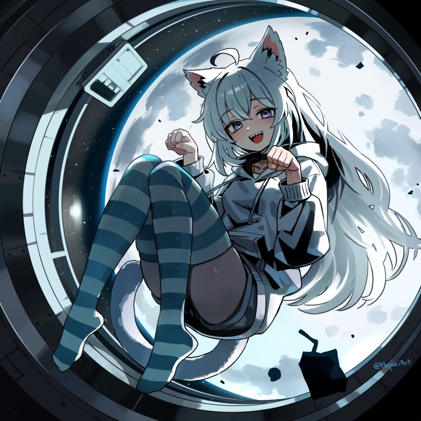 1girl absurdres animal_ears ass black_hair blue_theme collarbone fox_ears fox_girl fox_tail grey_hair hepari highres hood hoodie long_hair long_sleeves multicolored_thighhighs original purple_eyes sharp_teeth shorts solo striped_clothes striped_thighhighs tail teeth thighhighs twitter_username white_hoodie white_thighhighs