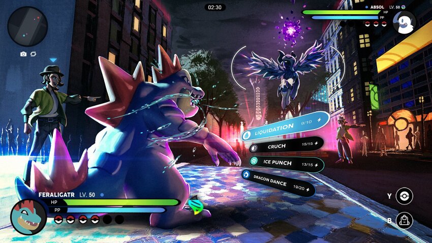 1boy 1girl absol alligator battle black_hat black_pants building character_name cloud cloudy_sky coat countdown_timer crocodilian crowd cursor dappled_moonlight eiffel_tower english_text faceless faceless_female faceless_male facing_another fake_screenshot feathered_wings feraligatr gameplay_ability gameplay_mechanics gen_2_pokemon gen_3_pokemon glowing green_coat harmony_(pokemon) hat heads-up_display health_bar highres lamppost light_particles looking_at_another map map_pin mega_absol mega_evolution_symbol mega_pokemon midair moewndr moonlight night night_sky nintendo open_clothes open_coat outdoors outstretched_arm outstretched_arms pants paxton_(pokemon) pointing poke_ball pokemon pokemon_(creature) pokemon_focus pokemon_legends:_z-a pokemon_move profile_picture road shirt sky sleeves_rolled_up street tree trilby user_interface water white_shirt white_wings wind wings