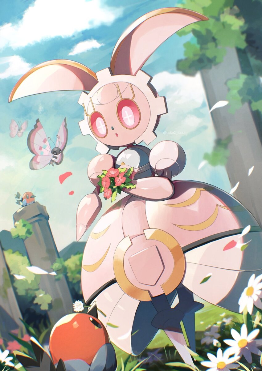 :o bird cloud column commentary_request day falling_petals fletchling flower gen_6_pokemon gen_7_pokemon highres legendary_pokemon magearna mythical_pokemon nintendo open_mouth outdoors petals pillar pink_flower pokemon pokemon_(creature) pokemon_focus sky standing tako2_eaka vivillon white_flower