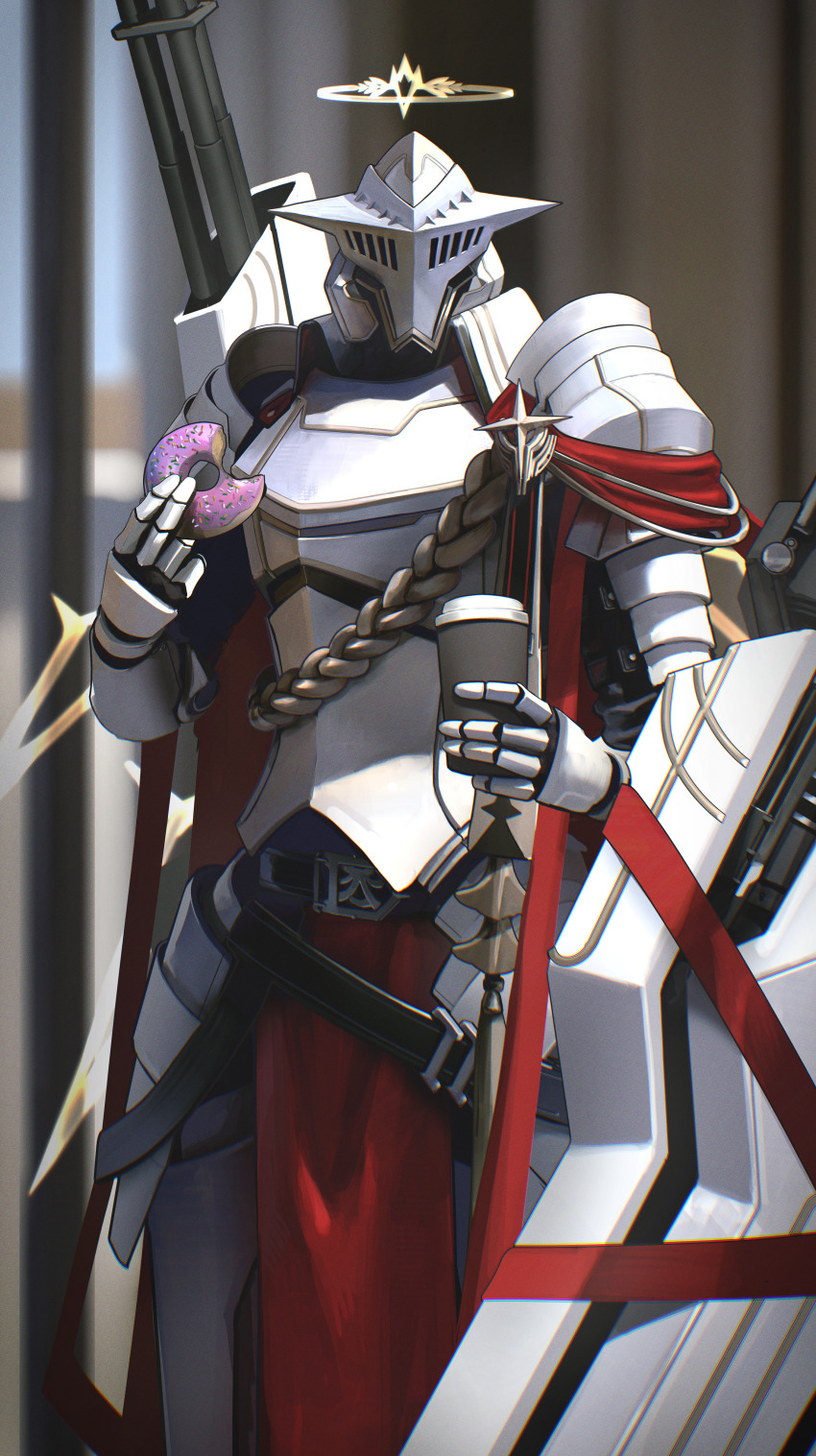 1boy absurdres apostolic_knight_(arknights) arknights armor commentary cup disposable_cup donut food full_armor halo helmet highres holding holding_donut holding_food kusami_toka_naku_au sankta_miksaparato_(arknights) shield solo weapon yellow_halo