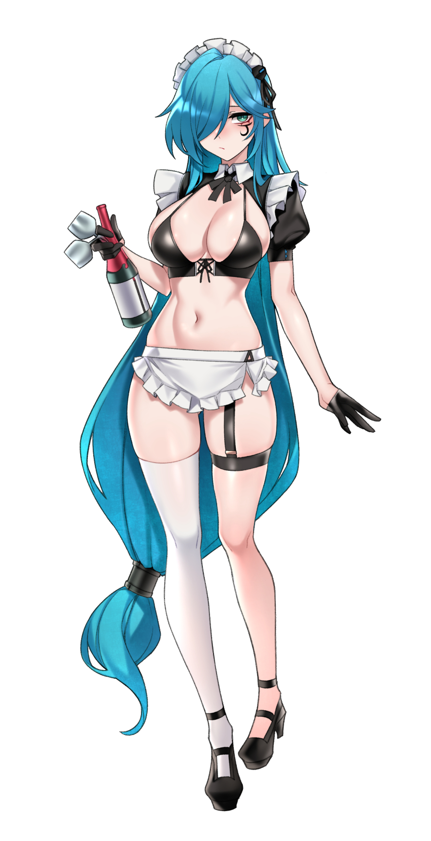 1girl absurdres apron bare_hips bikini blue_hair borrowed_character bottle breasts cleavage cup dogs_(dlrkdejr26) drinking_glass full_body gloves green_eyes hair_over_one_eye half_gloves highres large_breasts long_bangs long_hair looking_at_viewer maid maid_bikini midriff navel original short_sleeves shrug_(clothing) solo stomach swimsuit tachi-e unconventional_maid very_long_hair waist_apron wine_bottle wine_glass