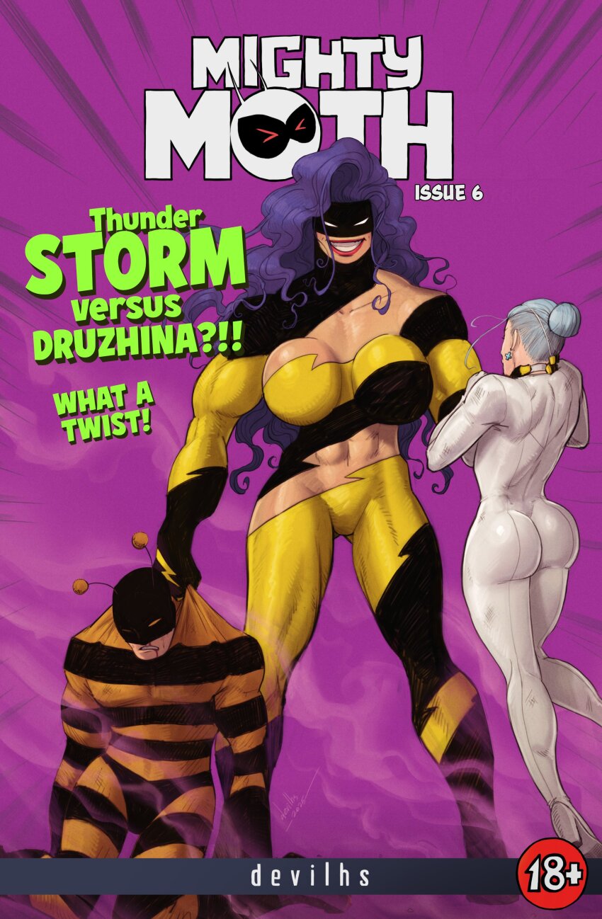 1boy 2girls absurdres ass black_bodysuit blue_hair bodysuit breasts character_name comic_cover cover cover_page devilhs doctor_miracle_(devilhs_art) english_text grin hair_bun highres large_breasts long_hair multiple_girls nimble_bumblebee_(devilhs) original purple_hair smile striped_bodysuit superhero_costume thunder_storm_(devilhs) two-tone_bodysuit white_bodysuit yellow_bodysuit