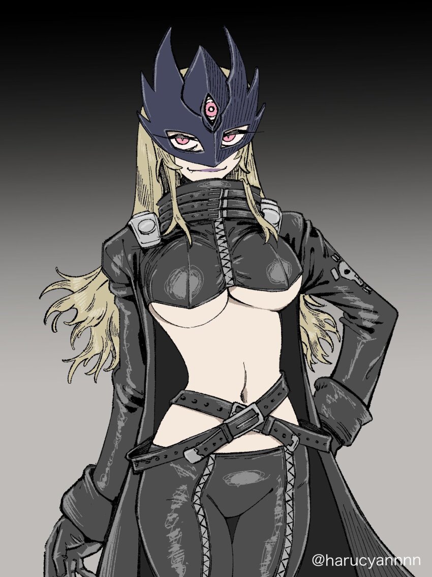1girl beelstarmon belt black_gloves blonde_hair breasts cropped_jacket digimon digimon_(creature) fang female_focus gloves hand_on_own_hip haruchan highres jacket large_breasts leather leather_jacket leather_pants long_hair mask navel pants purple_eyes simple_background smile third_eye underboob