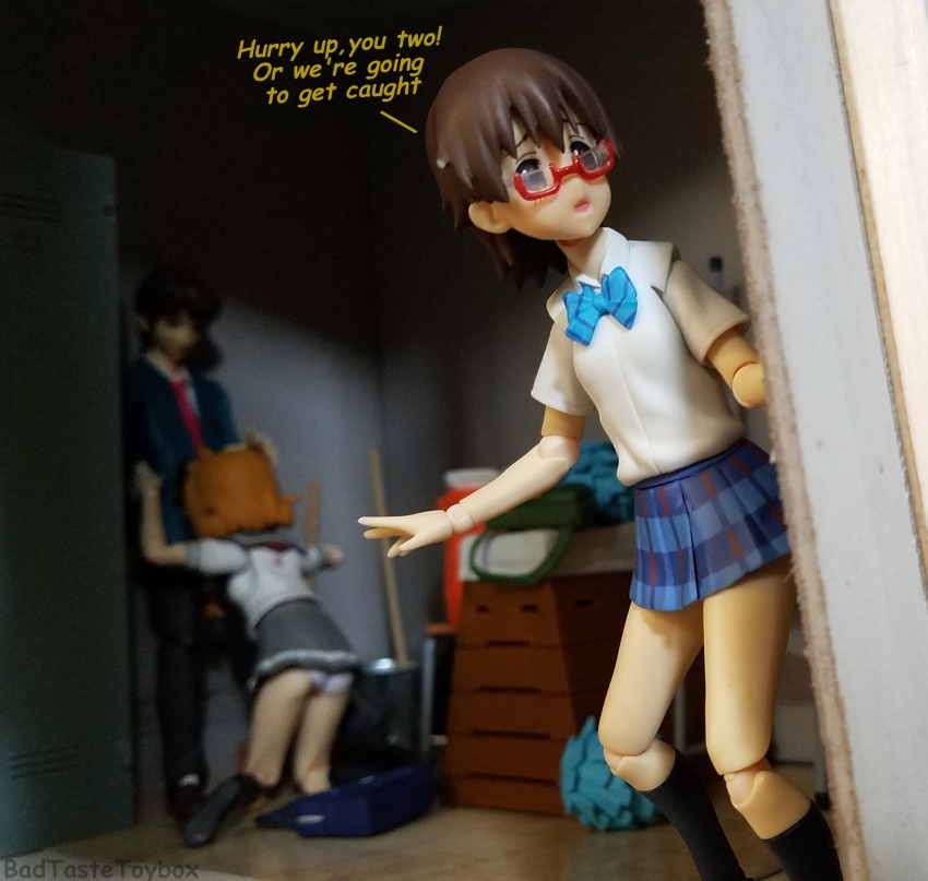 1boy 2girls asahina_mukuru bow bowtie brown_hair crossover fantasista_doll fellatio glasses group_sex gym_storeroom highres implied_fellatio kneehighs kneeling locker microskirt multiple_girls oral orgy panties photo_(medium) plaid_clothes plaid_skirt pleated_skirt red-framed_eyewear revoltech school school_uniform semi-rimless_eyewear skirt socks stealth_sex suzumiya_haruhi_no_yuuutsu toy under-rim_eyewear underwear uno_uzumi uzume_uno vaulting_horse white_panties wooden_floor
