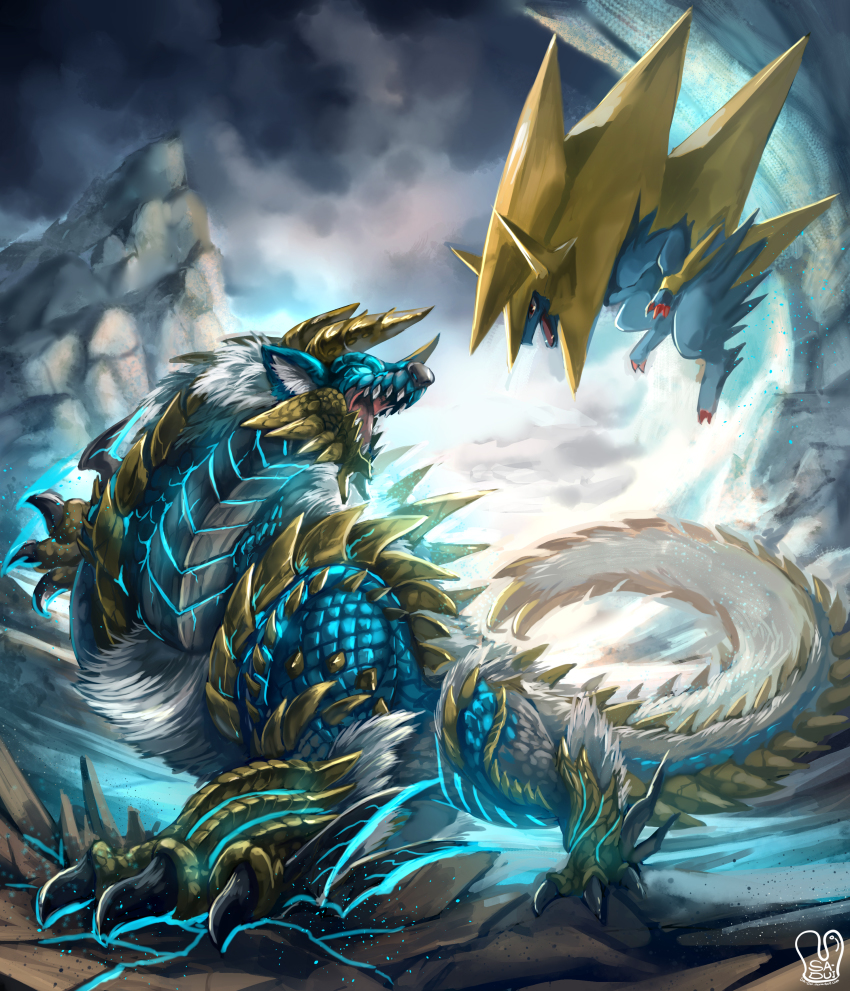 10s absurdres claws cloud cloudy_sky crack crossover fangs gen_3_pokemon glowing glowing_eyes highres horns manectric mega_manectric mega_pokemon monster_hunter_(series) monster_hunter_portable_3rd mountain nintendo no_humans pokemon pokemon_(creature) pokemon_xy power_connection red_eyes sa-dui sky spikes tail zinogre