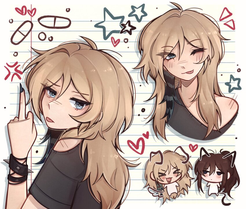 &gt;_&lt; 2girls black_shirt blonde_hair blue_eyes bracelet chibi chibi_inset class_of_09 emily_(class_of_09) highres jewelry jitome long_hair looking_at_viewer middle_finger multiple_girls multiple_views nicole_(class_of_09) one_eye_closed pill raccoon_tails_(hairstyle) scene_cut scene_fashion shirt solo_focus spiked_bracelet spikes thelemondrink tongue tongue_out