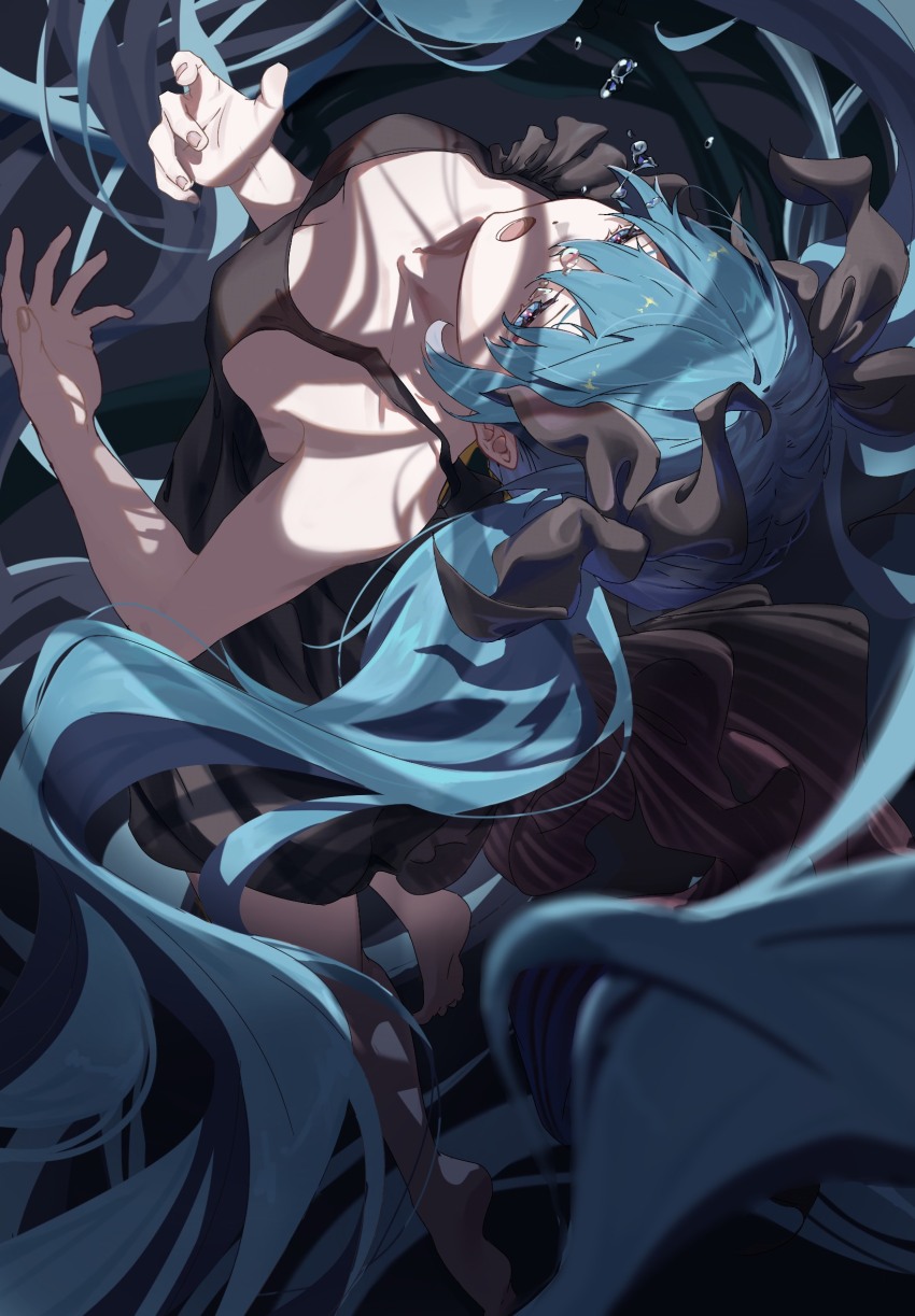1girl aqua_hair barefoot black_dress black_ribbon blue_eyes blurry breasts bunbo commentary_request depth_of_field dress fingernails hair_ribbon hatsune_miku highres long_hair lower_teeth_only open_mouth partial_commentary ribbon shinkai_shoujo_(vocaloid) solo tears teeth tongue twintails very_long_hair vocaloid