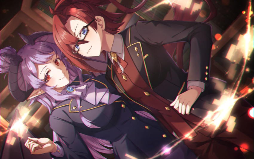 2girls alternate_costume altheavin black_suit blue_eyes breasts closed_mouth dragon_girl dragon_horns dragon_wings floating_hair formal_clothes gem hair_bun highres homare_(princess_connect!) horns labyrista_(princess_connect!) large_breasts long_hair long_sleeves looking_at_viewer mature_female multiple_girls pants pointy_ears ponytail princess_connect! purple_hair purple_shirt red_eyes red_hair red_pants red_vest shirt smile standing suit vest white_shirt wings