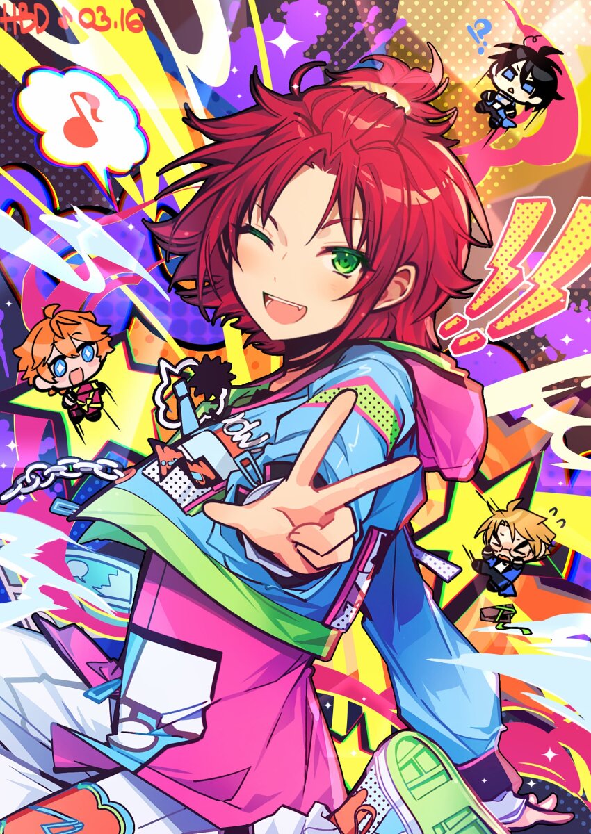 4boys akehoshi_subaru anzu_(anzuhan) black_hair blonde_hair chibi cropped_jacket dated ensemble_stars! green_eyes half_updo happy_birthday hidaka_hokuto highres hood hoodie isara_mao looking_at_viewer medium_hair multiple_boys official_alternate_costume one_eye_closed orange_hair outstretched_arm pink_hoodie red_hair v yuuki_makoto_(ensemble_stars!)